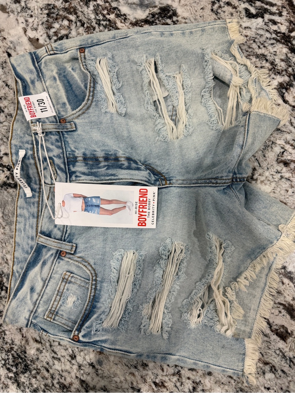 Celebrity Pink Light Blue Distressed Boyfriend Denim Shorts
